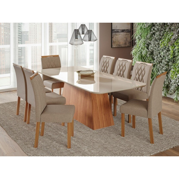 CJ MESA 8C CIMOL HELENA RETANGULAR 210X100 C/VDO CAD. JULIANA CINAMOMO/OFF WHITE/LINHO BEGE