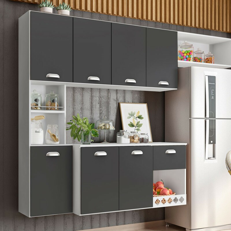 COZINHA POLIMAN SUSPENSA MILA C/ BALCAO BRANCO/GRAFITE